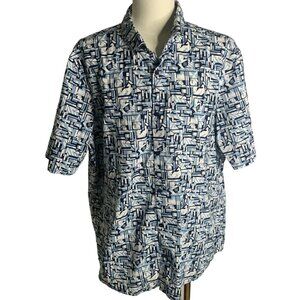 Alfani Button Up Short Sleeve Shirt 3XL White Blue Geometric Collar Cotton